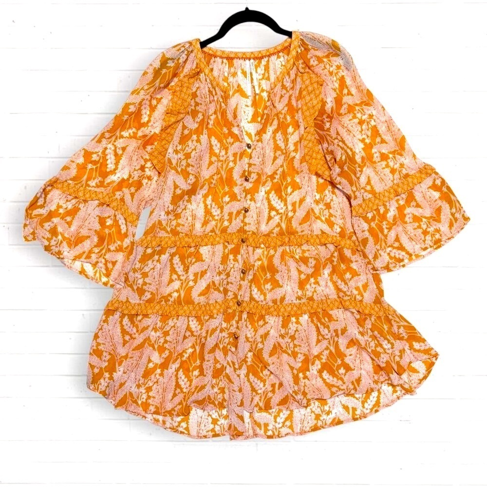 ANTHROPOLOGIE Mia Tiered Ruffle Trim Flounce Boho Tunic Top Mini Dress Womens M